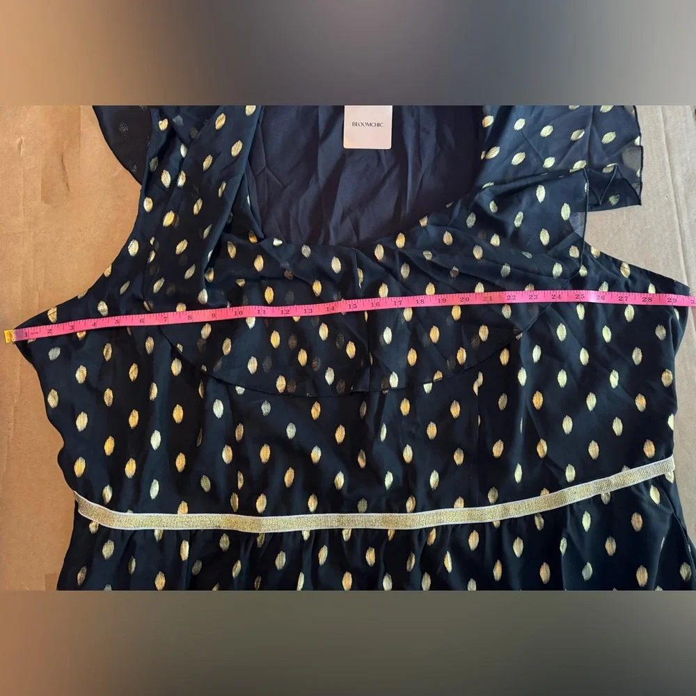 BloomChic Shimmery Polka Dot Stretchy Waist Midi Dress Black/Gold Plus Size - Picture 10 of 11